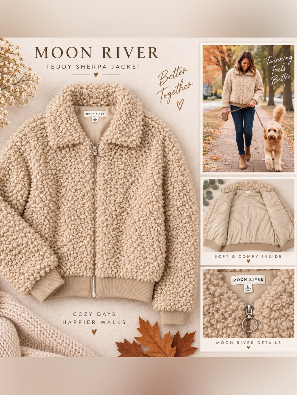 Moon River Cream Sherpa Teddy Jacket Size L doodle mom twinning jacket